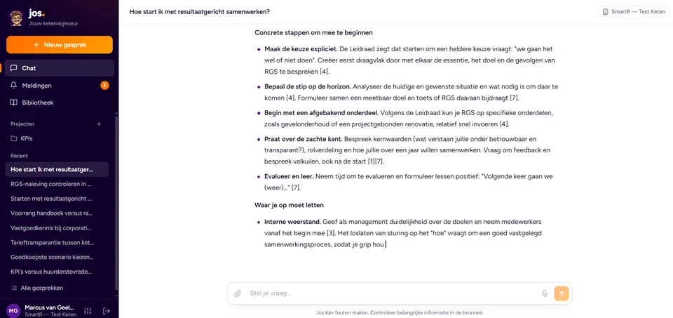 Jos, the AI knowledge assistant built for SmartR, answering a question with numbered sources from their own documents